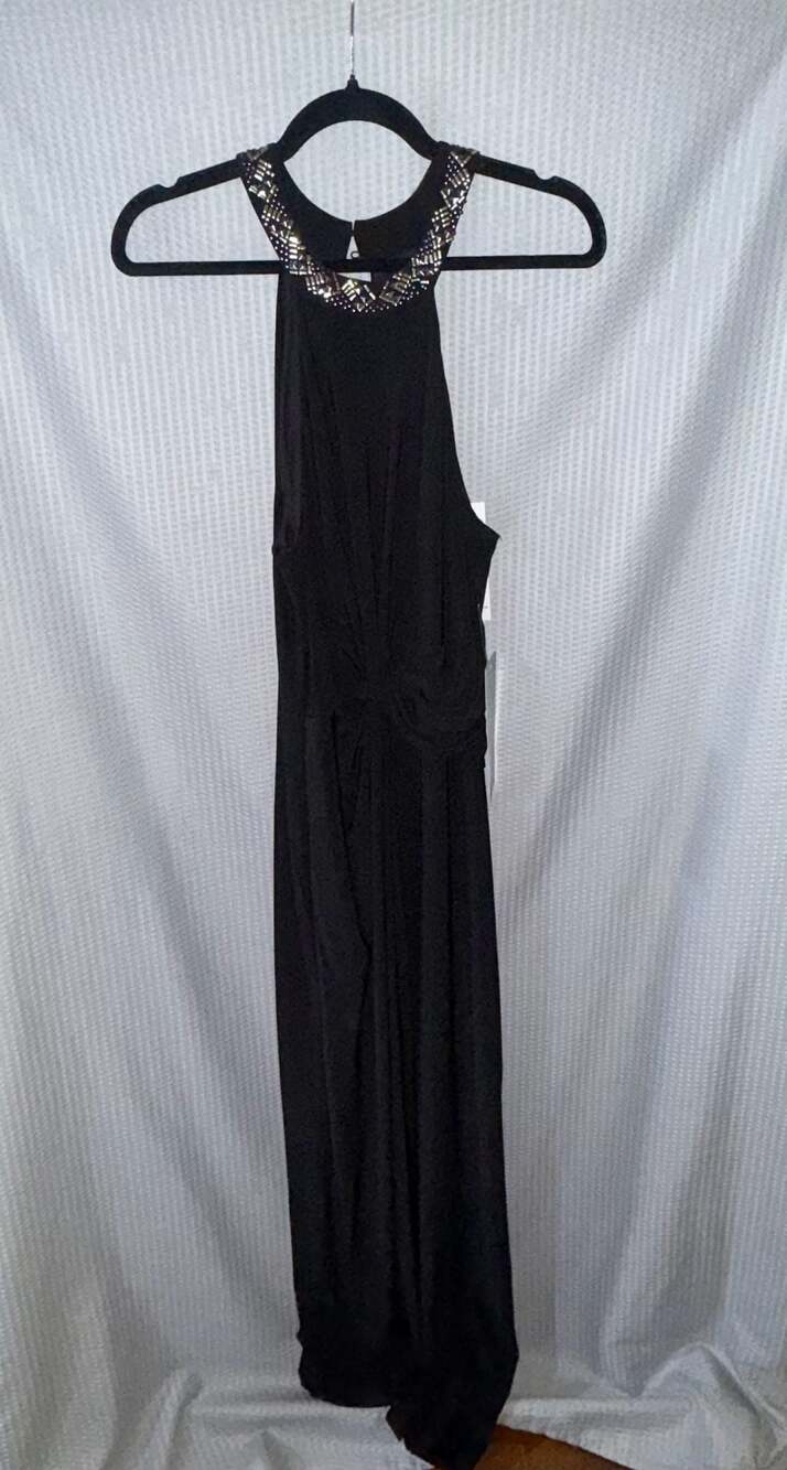 Blu Sage Black Embellished Halter Neck Evening Dress Size 12